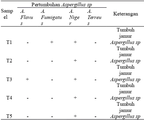 Tabel 5.2 Distribusi Frekuensi bersadarkanhasil pemeriksaan jamurAspergillus sp pada tepung teriguyang  dijual  secara  terbuka  diPasar Legi Jombang.