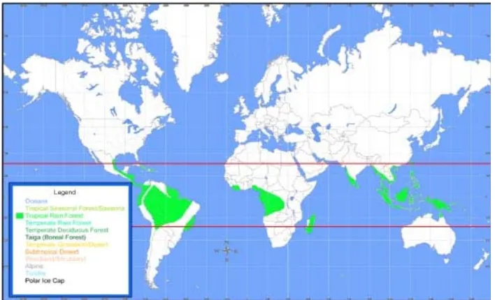 Gambar 2.1 Persebaran hutan hujan tropis di dunia yang ditandai pada daerah yang berwarna hijau (Anonim, 2008) 