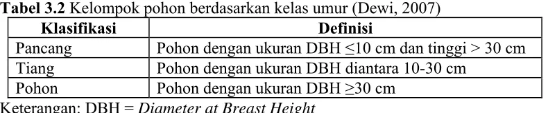 Tabel 3.2 Kelompok pohon berdasarkan kelas umur (Dewi, 2007) 