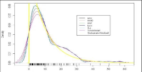 Figure 5. Density estimationcurve of Gamma(1,9) distribution with different bandwidth methods