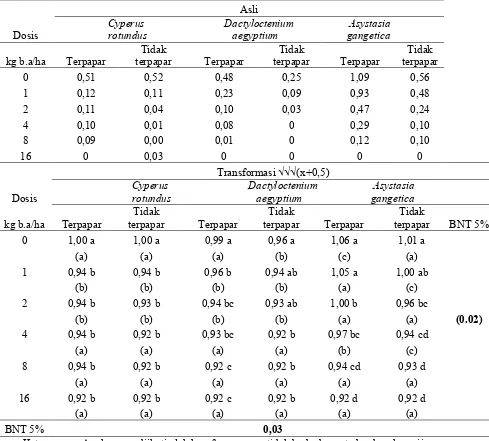 Tabel 1.  Pengaruh herbisida bromacil terhadap bobot kering gulma  