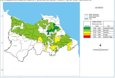 Gambar 7 Peta distribusi risiko penurunan luas lahan padi di Kabupaten Indramayu. 