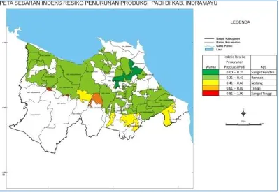Gambar 8 Peta distribusi penurunan produksi padi di Kabupaten Indramayu. 