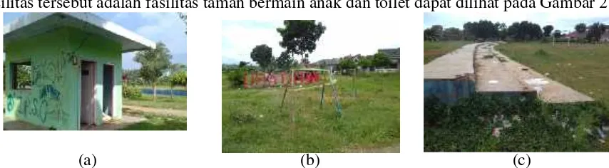 Gambar 1. (a) Fasilitas toilet yang rusak (b) Kotak sampah yang tidak dirawat (c) Fasilitastempat duduk yang rusak di Taman Dipangga.
