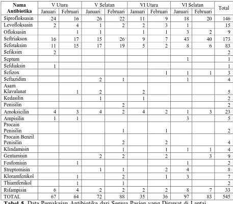 Tabel 5. Data Pemakaian Antibiotika dari Semua Pasien yang Dirawat di Lantai V dan VI Instalasi Rawat Inap Teratai RSUP Fatmawati pada Bulan Januari dan Februari 2008  