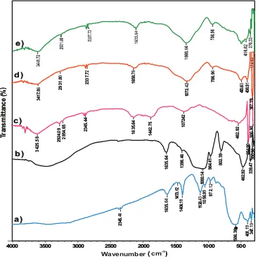 Fig. 2. IR spectra of (a) MNPs, (b) silica–MNPs, (c) Tetraselmis sp. algae biomass, (d) AS, and (e) AS-MNPs.