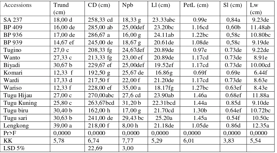 Table 2.  Diversity of  morphological quantitative characters  of various accessions of  local robusta coffee Lampung 
