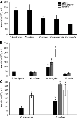 Fig. 4. Mean species abundance per 100 g of soil obtained from each crop inLetters note significant difference for a species between crops