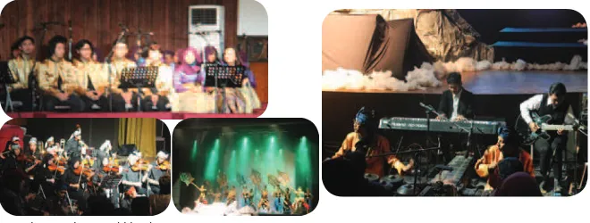 Gambar di atas memperlihatkan salah satu contoh kolaborasi seni dalam pertunjukan drama musikal Nahawayang (2014) yang diselenggarakan oleh Mahasiswa Jurusan Pendidikan Seni Musik Angkatan 2010 dan diadakan di Taman Budaya, Dago – Bandung, 