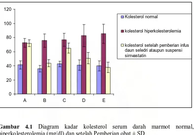 Gambar 4.1 Diagram kadar kolesterol serum darah marmot normal, hiperkolesterolemia (mg/dl) dan setelah Pemberian obat ± SD  