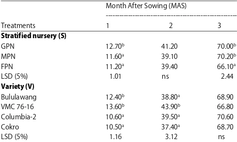 Table 3: Effect variety and stratified nursery on average of plantlet height (cm) at1, 2 and 3 Months After Sowing (MAS)