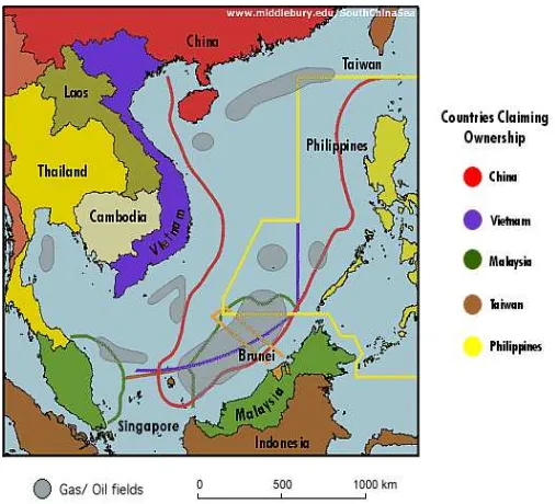 Gambar 2.1 : Kontestasi Klaim di Laut Cina Selatan  Sumber: http://www.un.org/Depts/los/convention_ agreements/  texts/unclos/unclos_e.pdf 