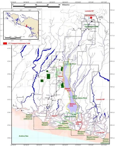 Figure 1. Daerah studi di sekitar Timika, Papua. Situs–situs dan zona-zona utama Ajkwa Deposition Area (ADA) ditandai dengan warna merah