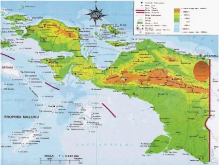 Gambar 1. Peta Pulau Papua (lokasi kawasan Danau Sentani bertanda lingkaran merah