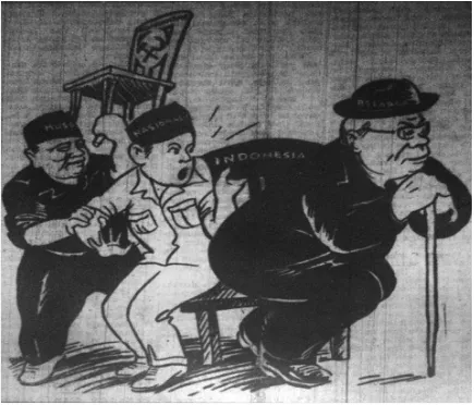 Gambar 6. Tarik-menarik dengan Republik. Sumber karikatur: Koran Merdeka 4 Oktober 1948 