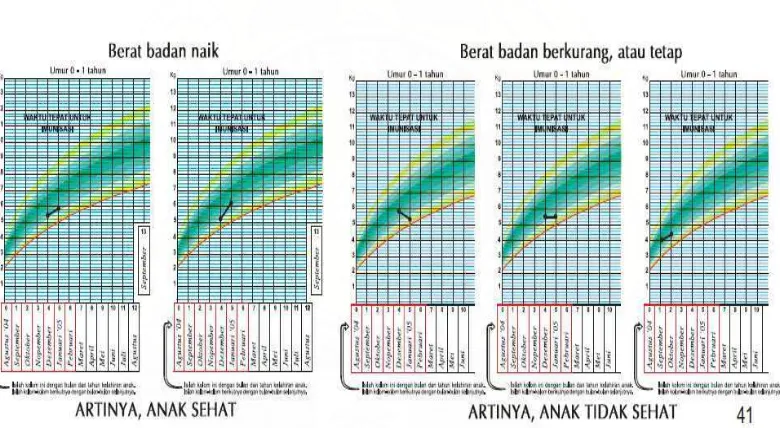 Gambar 2.2 Grafik pertumbuhan berat badan anak naik dan tidak naik (Sumber : Buku Kesehatan Ibu dan Anak Departemen Kesehatan Republik Indonesia, 2008)  