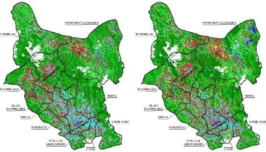 Tabel 2 memperlihatkan penurunan kandungan biomassa paling banyak terjadi pada perubahan hutan primer menjadi tutupan lahan lainnya yang mengakibatkan kehilangan 73.26% kemudian oleh perubahan hutan sekunder sebanyak 19.26%