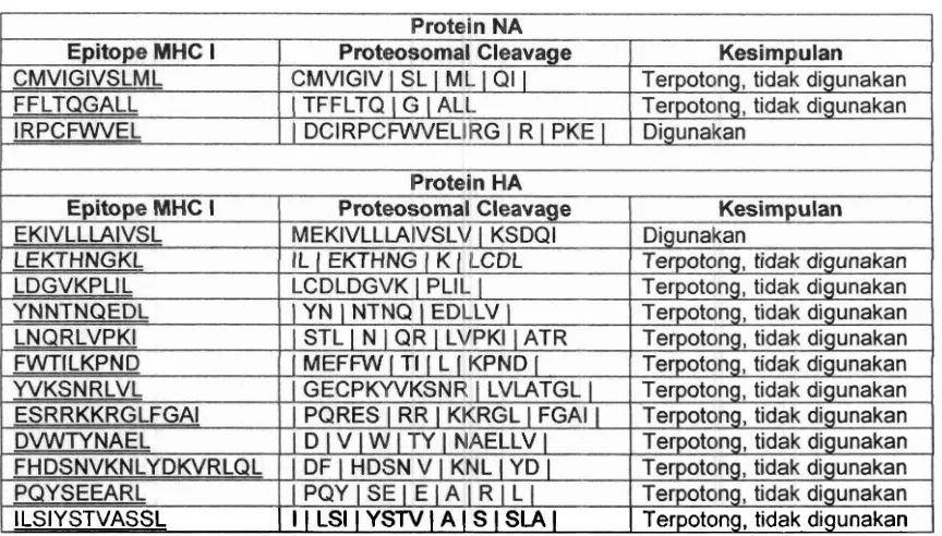 Tabel 7. Epitope Binding MHC I dan Proteosomal Cleavage Protein HA dan NA 