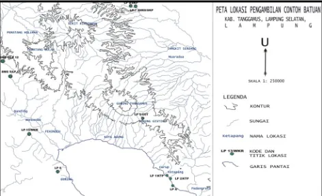 Gambar 7. Peta lokasi pengambilan contoh batuan daerah Kota Agung dan sekitarnya, Lampung Selatan 