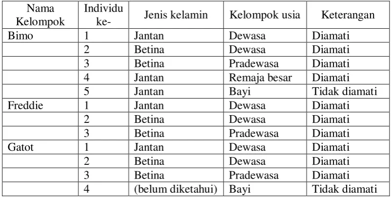 Tabel 3.2. Komposisi kelompok siamang subjek penelitian. 