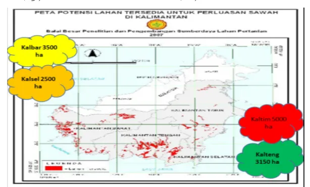 Gambar 1. Peta Potensi Lahan tersedia untuk Perluasan Sawah di Kalimantan Sumber: Sofyan Ritung dan Nata Suharta, www.balitbangtanah.litbang.pertanian.go.id