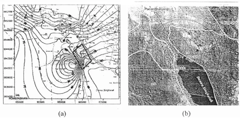 Gambar 1.1. sekitamya berdasarkan Fauzi dan Syafriani (2005) dan (b) posisi episenter (a) Peta anomali gayaberat-mikro lokal di Nagari Gunung Rajo dan gempabumi tanggal 6 Maret 2007 versi USGS