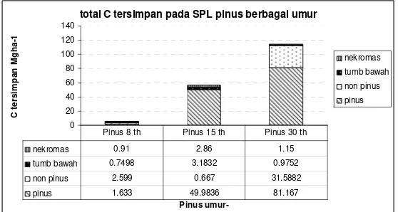 Gambar 1. Total C tersimpan pada SPL pinus berbagai umur  