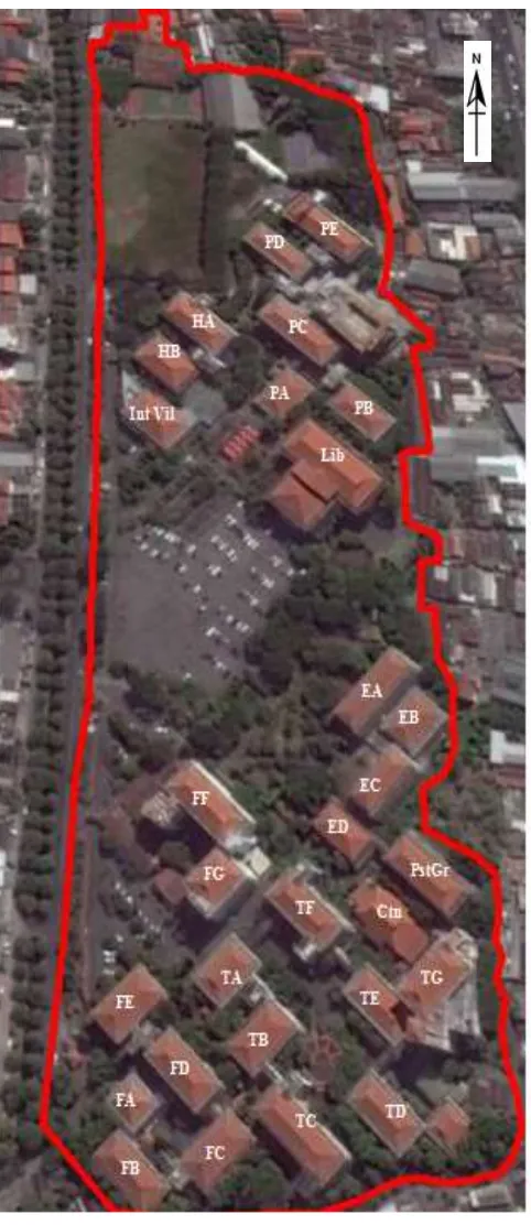 Fig. 1. Map of buildings of University of Surabaya generated from Google Earth TM 