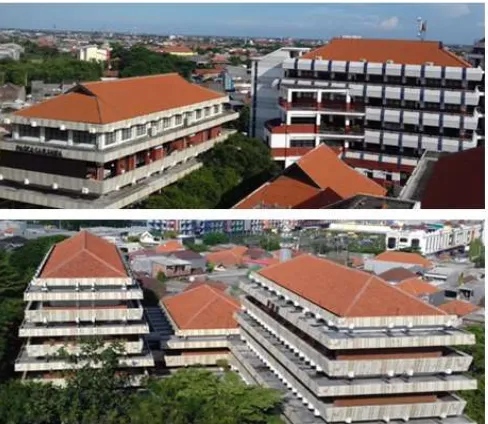 Fig. 2. Gablet roof (upper) and Hip roof (lower) types buildings at of University of Surabaya 