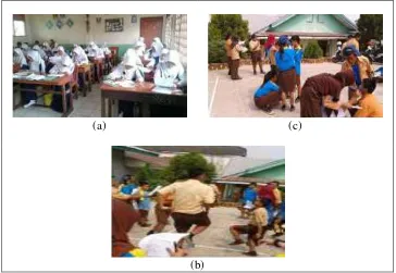 Figure 2. (a) the students did pretest, (b) the students tried to produce sweat,(c) the students collected data of sweat 