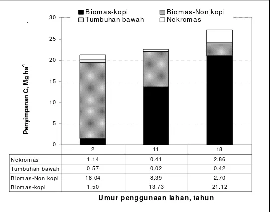 Gambar 3. Penyimpanan C (Mg ha-1`) di masing-masing umur SPL kopi 