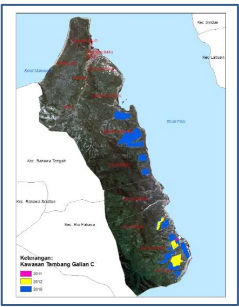 Gambar 5.  Wilayah tambang galian C di Kec. Banawa, dari tahun 2011 – 2016. 