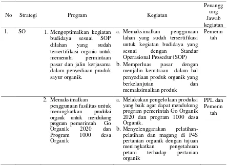 Tabel 5 . Strategi, Program, Jenis kegiatan dan penanggungjawab kegiatan pengembangan Usaha Sayur Organik pada Hipetanik Unggul sejati, tahun 2017