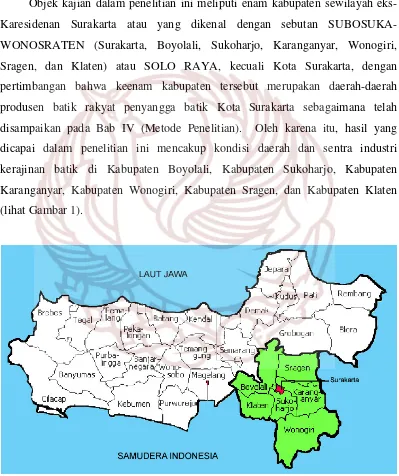Gambar 1. Peta lokasi penelitian batik rakyat sewilayah eks-Karesidenan Surakarta (berwarna hijau) kecuali Kota Surakarta (berwarna merah)