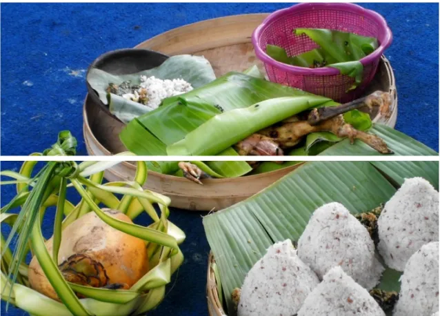 Gambar 3. Sesajen untuk gendurinan ritual Rasullan. Sesajen terdiri dari nasi tumpeng, ingkung atau ayam goreng utuh, kelapa muda dan diletakkan didalam nampan