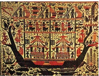 Gambar 1.2 Desain Tekstil, dengan motif kapal, stilasi manusia, hewan, burung, dan pohon kehidupan, Sumatera Selatan.