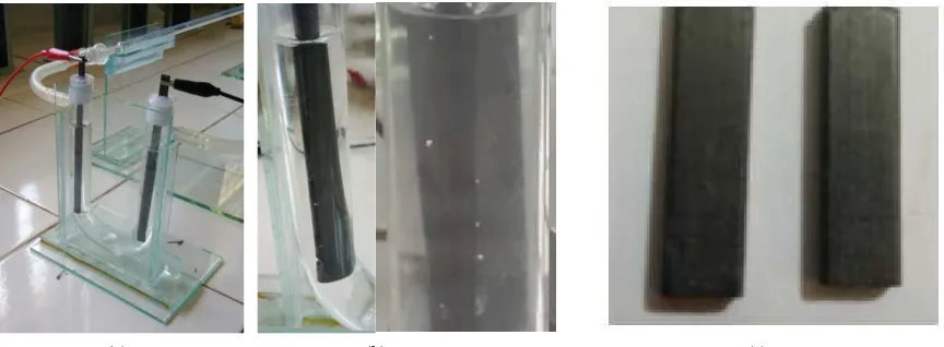Figure 8.  Electrolysis Cell using Carbon bar at cathode (a) and nucleation point of gas bubbles at Carbon electrode surface (b), sectional Carbon electrode (c) 