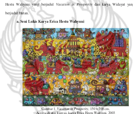Gambar 1. Vacation in Prosperity, (http://www.sarasvati.co.id/exhibition/06/komitmen-naif-erica/ Acrilyc di atas kanvas, karya Erica Hestu Wahyuni, 2003 150 x 200 cm, diakses 7 September 2017) 