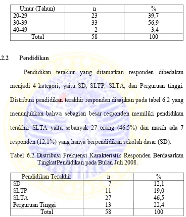 Tabel 6.2 Distribusi Frekuensi Karakteristik Responden Berdasarkan 