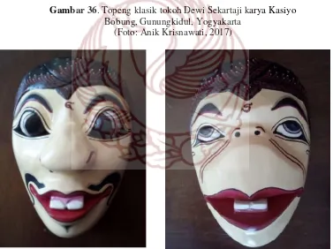 Gambar 37.Topeng klasik tokoh Gareng (kiri) dan tokoh Semar (kanan) karya Kaiyo Bobung, Gunungkidul, Yogyakarta (Foto: Vera Sulistyorini, 2017) 