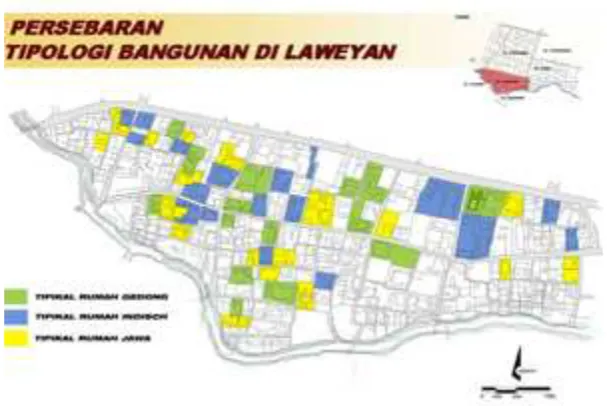 Gambar 7. Pola persebaran tiga tipikal rumah di Kampung Batik Laweyan. 