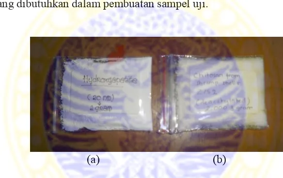 Gambar 3.2 (a)  Bahan Dasar Nanokomposit Hidrosiapatit/Kitosan (nHA/CS);  Nanoparticles of hydroxyapatite powder; (b) Chitosan from shrimp shells 