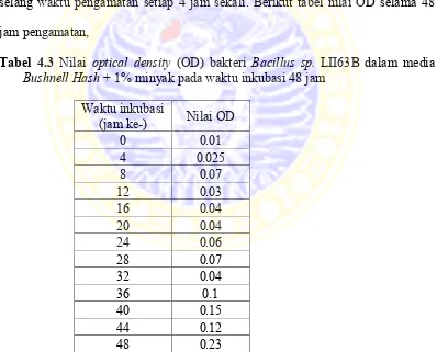 Tabel 4.3 Nilai optical density (OD) bakteri Bacillus sp. LII63B dalam media 
