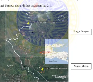 Gambar 2.1 Lokasi sungai Maron dan sungai Sempur, Seloliman, Trawas, Mojokerto (sumber : Google Maps, 2007 dengan modifikasi) 