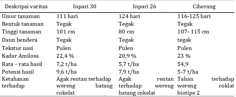 Tabel 2. Deskripsi Varitas Padi Sawah Inpari 30, Inpari 26 Dan Ciherang. 