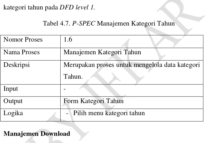 Tabel 4.8 di bawah ini menjelaskan mengenai spesifikasi proses manajemen 