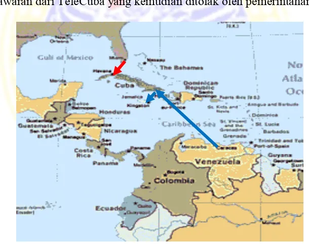 Gambar 1.4 Perbandingan panjang kabel Siboney-LaGuaira-OchoRios (biru)  dengan Miami-Havana (merah) 