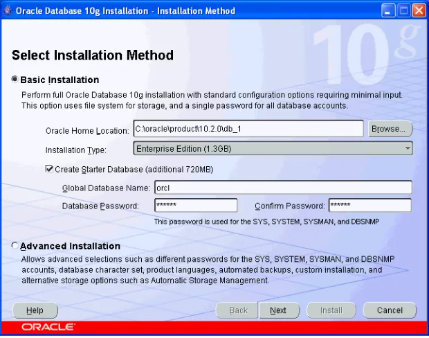 Figure 2–1 Oracle Universal Installer Select Installation Method Window