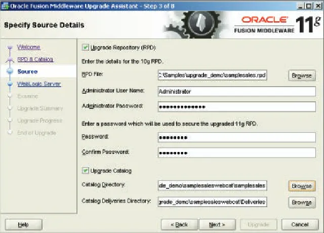 Figure 1: The filled-in Specify Source Details dialog box of the Oracle Fusion Middleware Upgrade Assistant