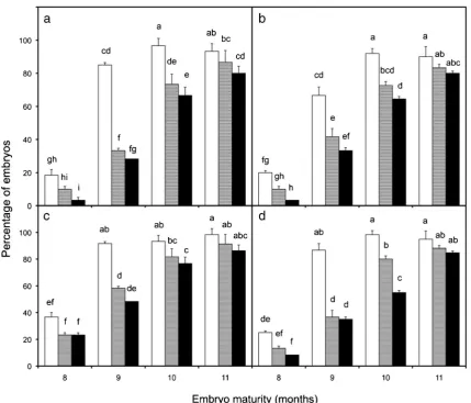 Figure 4. The change in moisture content of embryos taken from fruit ofcultivar ‘Nias Yellow Dwarf’ at four different maturity stages (8 (), 9(), 10 (), or 11 () mo old)